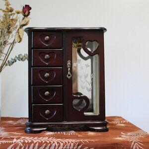VTG Wooden Jewelry Box Glass Door, Heart Theme, 5 Drawers, Necklace carousel